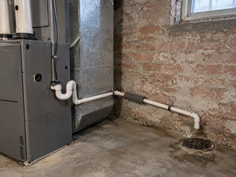 A condensate line running from a high-efficiency furnace across a basement wall towards a floor drain, with a trap and a short section of insulation visible.